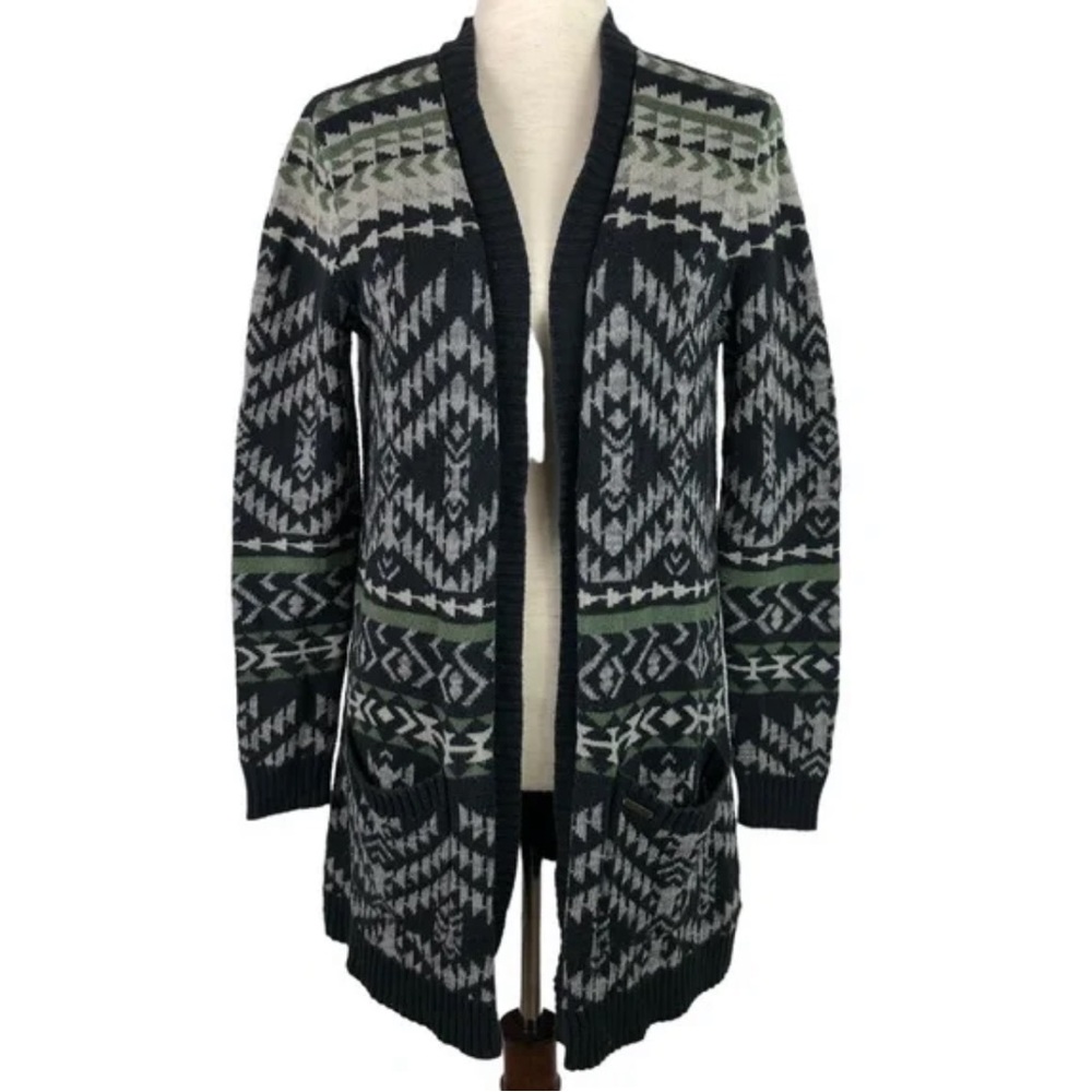 Roxy Aztec Tribal Print Long Line Open Front Boyfriend Cardigan - Green Black